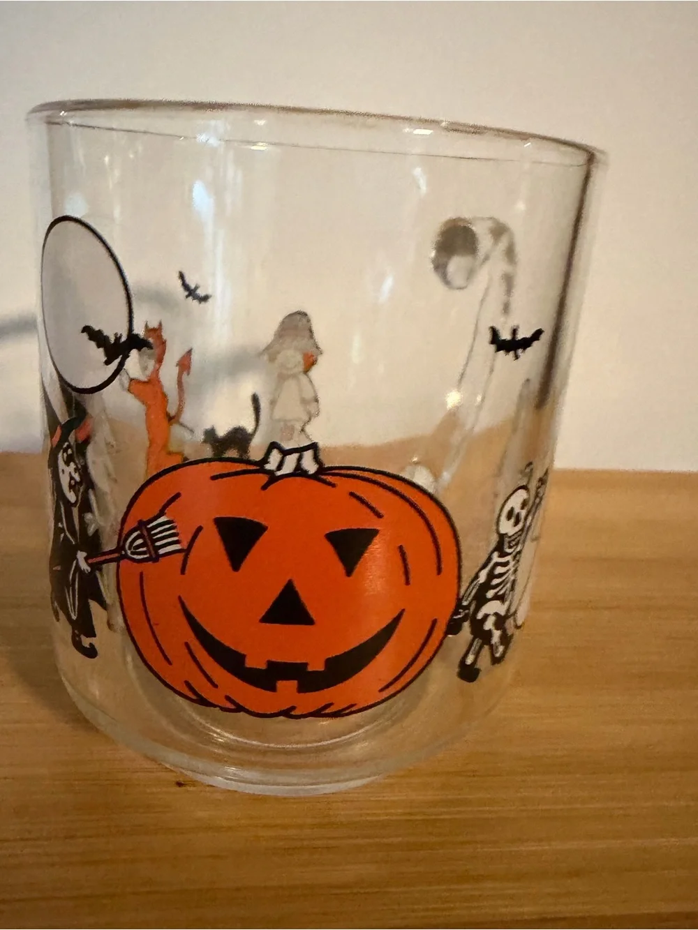 Vintage Halloween Parade Luminarc Glass Tumbler Mug Orange & Black. Ghost Witch